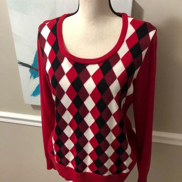 Ladies Red/White/BlackArgyle Sweater M - Picture 2 of 9